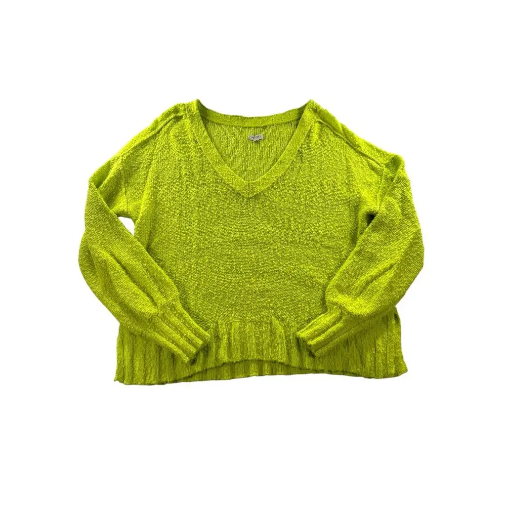 Pilcro Boucle Knit Neon Green V-Neck Sweater Womens Medium Cotton Slouchy